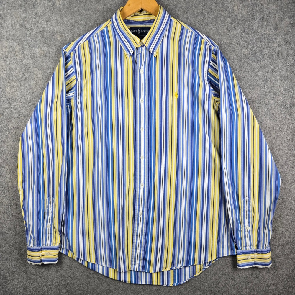 Ralph Lauren Button Down Shirt Mens L Blue Yellow Striped Custom Fit Pony